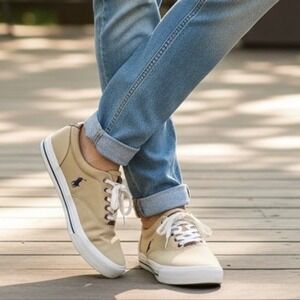 Polo Ralph Lauren Vaughn Sneaker Men‎ 11 Solid Canvas Leather Lace Up Khaki Tan